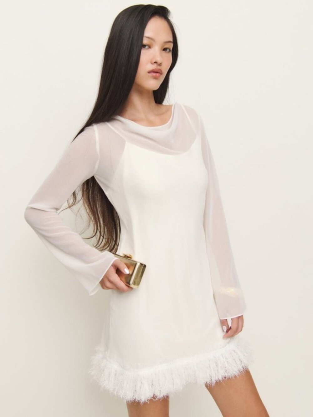 NWOT Reformation Tetty Dress in Ivory White Mini Long Sleeve Feather Hem Size 2